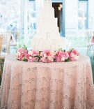 Castle-Inspired Cake on Sparkling Table
Photography: Keith + Melissa Photography
Read More:
http://www.insideweddings.com/weddings/magical-fairy-tale-wedding-fit-for-a-princess-at-a-castle-venue/1293/ white wedding cake inspired by cinderella's caste, flowers on base, sparkling linen