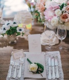 Rustic Garden Place Setting
Photography: Amy %26 Stuart Photography
Read More:
http://www.insideweddings.com/weddings/rustic-elegant-outdoor-ceremony-luxe-garden-inspired-reception/869/ Rustic wood reception table with lace place mat tan napkin and white rose decoration