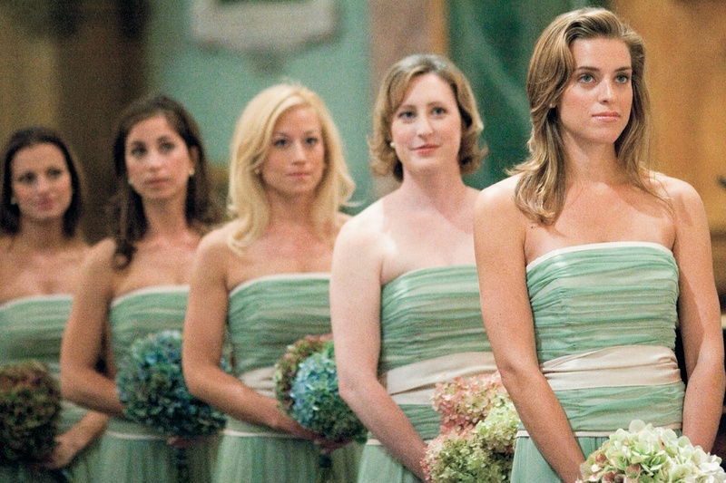 Green Bridesmaid Dresses
Photography: Gruber Photographers
Read More:
http://www.insideweddings.com/weddings/english-garden-inspired-fall-wedding-in-new-york-city/210/ Bridesmaids in celadon gowns at ceremony