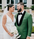 Bride in V-Neck Gown %26 Groom in Green
Photography: Jonathan Connolly Photography
Read More:
http://www.insideweddings.com/weddings/elegant-modern-wedding-with-emerald-color-palette-in-miami/1307/ wedding portrait bride and groom miami florida v neck wedding dress green tuxedo jacket black lapels