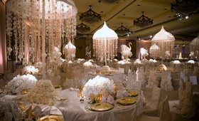 All-White Reception Décor
Photography: John Solano Photography
Read More:
http://www.insideweddings.com/weddings/lavish-los-angeles-wedding-with-muted-hues/281/ White tables and chair covers with floral centerpieces