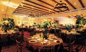 Ballroom Wedding Reception
Photography: John Solano Photography
Read More:
http://www.insideweddings.com/weddings/outdoor-courtyard-wedding-at-ojai-valley-inn-spa/143/ Ballroom with wood beamed ceilings and lush flower arrangements