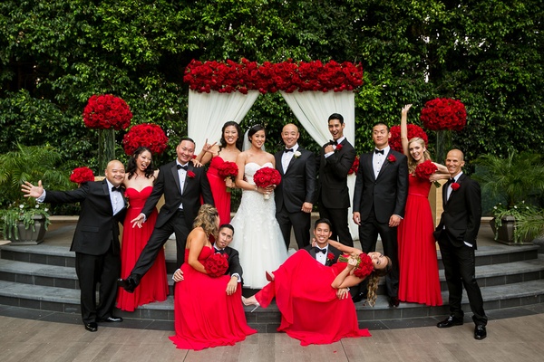 Bride In Liancarlo Bridesmaids Strapless Red Dresses Groom Armani Groomsmen Bride In Liancarlo Bridesmaids Strapless Red Dresses Groom Armani Groomsmen