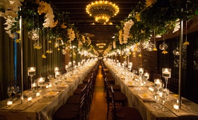 Long Reception Tables %26 High Centerpieces
Photography: Josephine Photography
Read More:
http://www.insideweddings.com/weddings/traditional-jewish-ceremony-romantic-yellow-reception-in-nyc/1036/ Wedding reception in New York with long rectangle tables glass orbs greenery orchids reception hall
