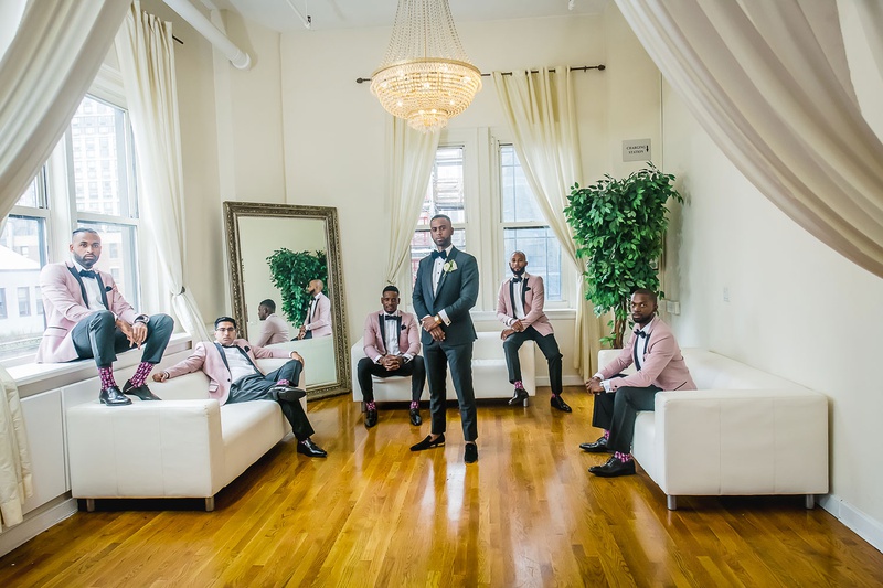 Groomsmen in Dusty Pink Jackets
Photography: Kesha Lambert Photography
Read More:
http://www.insideweddings.com/weddings/personalized-ceremony-with-pink-florals-at-a-loft-in-new-york-city/1210/ groom in tuxedo, groomsmen with dusty pink tuxedo jackets