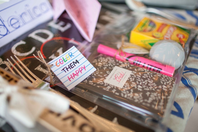 "Color Them Happy" Bridal Shower Favors
Photography: John %26 Joseph Photography Inc.
Read More:
http://www.insideweddings.com/weddings/a-school-themed-bridal-shower-in-beverly-hills-for-a-teacher/890/ Bridal shower favors at black chalkboard place setting composition notebook hi liter crayons paper