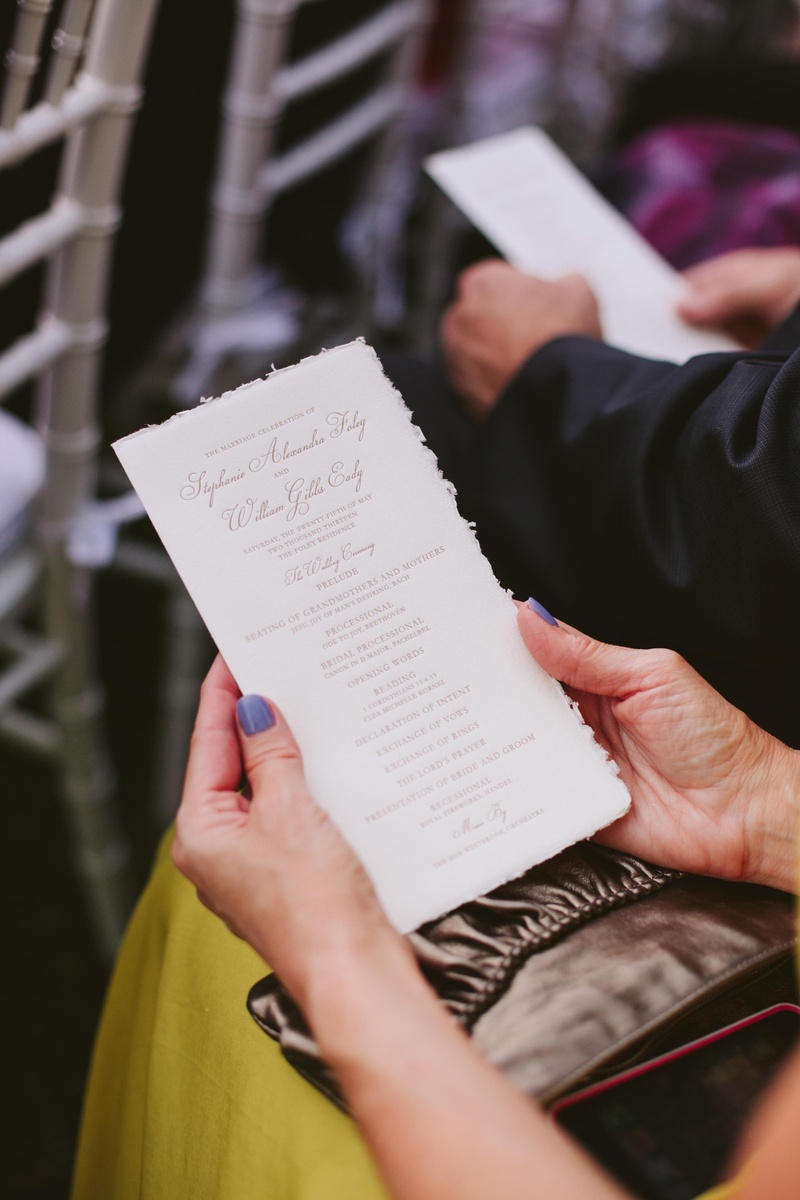 Elegant Wedding Program
Photography: David %26 Tammy Molnar
Read More:
http://www.insideweddings.com/weddings/an-exquisite-backyard-wedding-in-tennessee/532/ White ceremony booklet with gold lettering