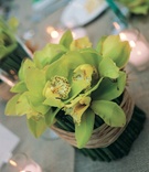 Green Orchid Centerpiece
Photography: Sean Randall Photography
Read More:
http://www.insideweddings.com/weddings/producer-david-brauns-wedding-at-natural-history-museum-in-atlanta/198/ Bamboo sticks wrapped in raffia and topped with flowers