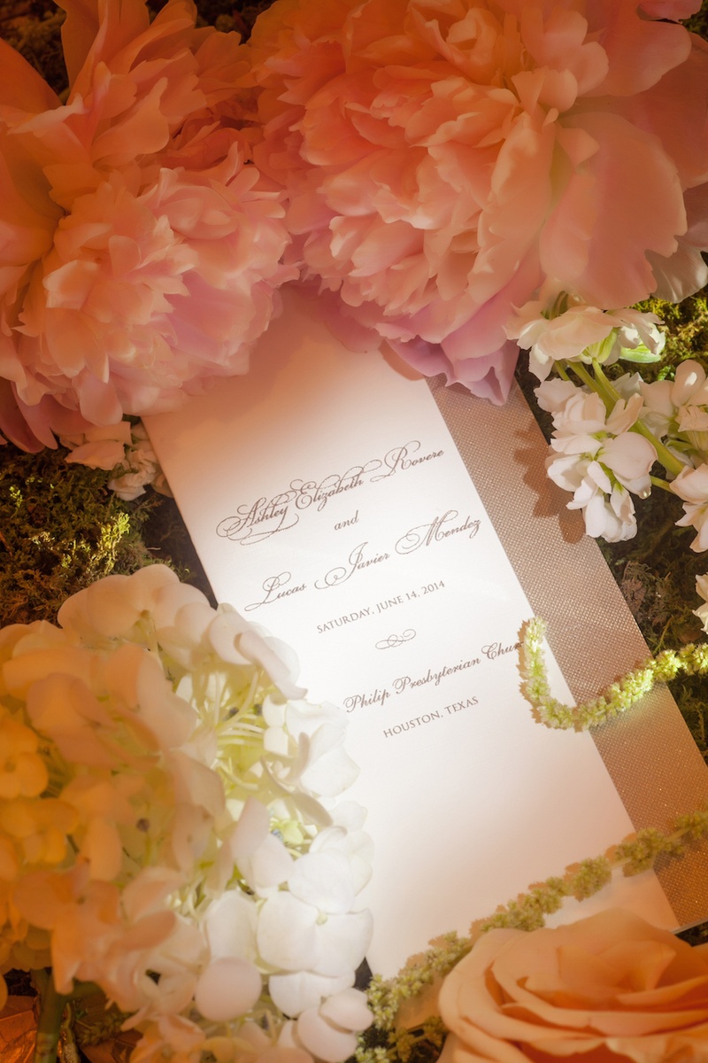 Simple %26 Sophisticated Program
Photography: Michael Carr Photography
Read More:
http://www.insideweddings.com/weddings/traditional-church-ceremony-forest-inspired-reception-in-houston/695/ Wedding ceremony program with pink peony flower