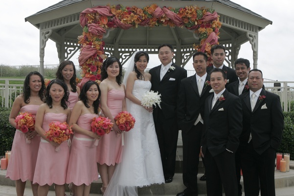Bridal party pictures black tux and pink bridesmaids dresses Bridal party pictures black tux and pink bridesmaids dresses