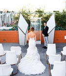 Modern Altar with Water Feature
Photography: Visuals by Arpit
Read More:
http://www.insideweddings.com/weddings/downtown-styled-shoot-featuring-jewel-tones-and-modern-decor/1269/ wedding ceremony on rooftop of intercontinental hotel downtown LA, geometric columns, fountain