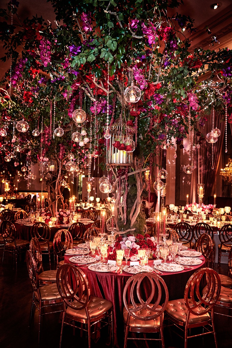 Luxurious Tree Centerpiece at Reception
Photography: KingenSmith
Read More:
http://www.insideweddings.com/weddings/luxurious-wedding-featuring-sentimental-butterfly-decor-in-chicago/1348/ wedding reception round table large tree crystal glass orb tea light purple red flowers greenery