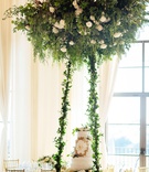 Cake on Suspended Table
Photography: Chard Photo
Read More:
http://www.insideweddings.com/weddings/alfresco-ceremony-on-the-coast-classic-ballroom-reception/1290/ wedding cake on suspended table from floral chandelier