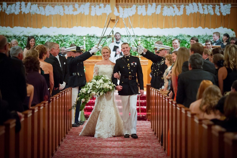 Military Wedding Arch of Sabers Recession
Photography: Chris Bailey Photography
Read More:
http://www.insideweddings.com/weddings/southern-at-home-wedding-inspired-by-father-of-the-bride-in-texas/753/ Bride in Isabelle Armstrong wedding dress with groom in dress blues uniform at military church weddi
