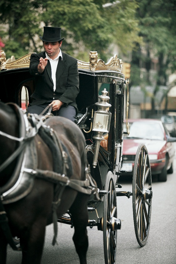 Horse Drawn Carriage
Photography: Gruber Photographers
Read More:
http://www.insideweddings.com/weddings/english-garden-inspired-fall-wedding-in-new-york-city/210/ Vintage transportation driver in top hat
