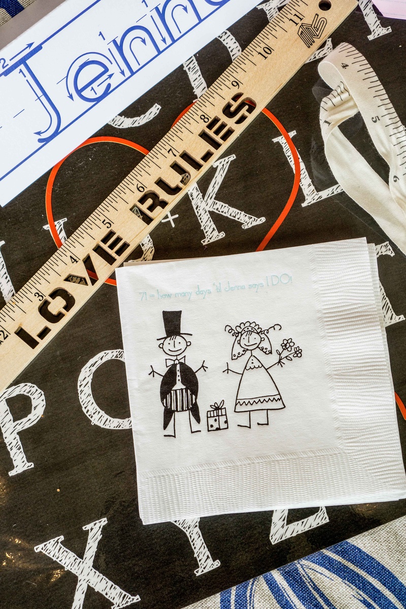 Kid-Inspired Drawing on Cocktail Napkin
Photography: John %26 Joseph Photography Inc.
Read More:
http://www.insideweddings.com/weddings/a-school-themed-bridal-shower-in-beverly-hills-for-a-teacher/890/ Bridal shower cocktail napkin white with stick figure drawings love rules ruler name tags