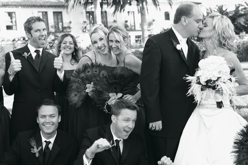 The Wedding Party
Photography: Tony Florez Photography
Read More:
http://www.insideweddings.com/weddings/peacock-feather-themed-wedding-in-santa-barbara-california/166/ Black and white photo of groomsmen and bridesmaids