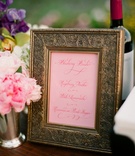 Custom Cocktail Menu
Photography: Elizabeth Messina
Read More:
http://www.insideweddings.com/weddings/spring-garden-wedding-in-montecito-california/277/ Antique gold frame with pink drink menu
