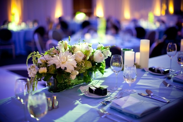 Low Wedding Centerpiece
Photography: Jessica Lewis Photography
Read More:
http://www.insideweddings.com/weddings/summer-wedding-at-the-sls-hotel-beverly-hills-california/460/ Blue reception lighting on table with white flower centerpiece