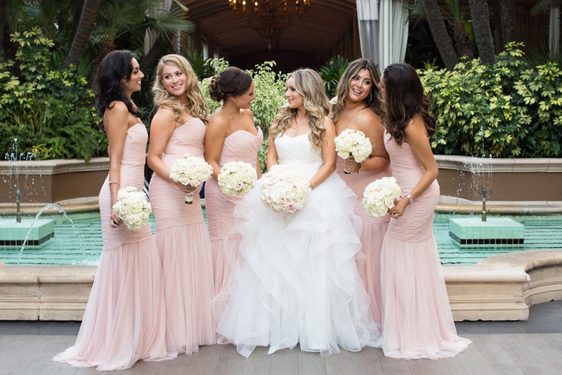 Bride and Bridesmaids in Front of Fountain
Photography: Duke Photography
Read More:
http://www.insideweddings.com/weddings/jewish-ceremony-classic-ballroom-reception-in-beverly-hills/922/ bride in reem acra ball gown, bridesmaids in blush amsale dresses
