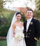 Bride in V-Neck Gown %26 Groom in Uniform
Photography: Sarah Bradshaw Photography
Read More:
http://www.insideweddings.com/weddings/stunning-military-wedding-with-garden-ceremony-in-washington-dc/999/ Bride in spaghetti strap Amsale wedding dress v neck veil updo with groom in white bow tie navy
