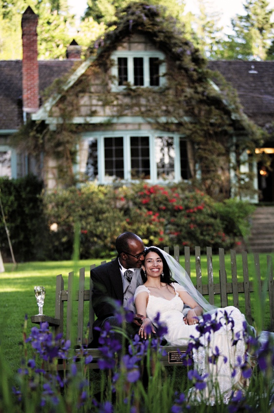 Bride and Groom
Photography: Chris + Lynn Photographers
Read More:
http://www.insideweddings.com/weddings/butterfly-inspired-spring-wedding-in-canada/189/ Bride in a Claire Pettibone lace gown and veil with groom in black tails sit on a bench