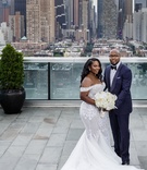 Bride %26 Groom with New York Skyline
Photography: Amy Anaiz Photography
Read More:
http://www.insideweddings.com/weddings/rooftop-ceremony-glam-reception-with-chic-blooms-in-new-york-city/1019/ Bride in mermaid dress off the shoulder groom in suit and tuxedo bow tie skyscrapers