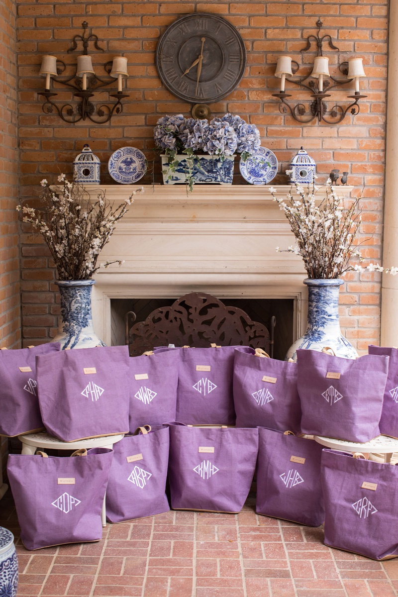 Monogrammed Purple Welcome Bags
Photography: John Cain Photography
Read More:
http://www.insideweddings.com/weddings/at-home-dallas-fete-inspired-by-san-miguel-de-allende-weddings/1255/ wedding favor welcome bags purple tote bag with white monogram fireplace blue white vase branches