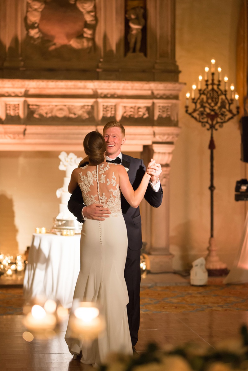 Happy First Dance
Photography: Carrie Rodman Photography
Read More:
http://www.insideweddings.com/weddings/intimate-destination-wedding-with-classic-decor-in-palm-beach/1302/ bride in pronovias atelier gown with floral appliques and crepe skirt, groom in midnight blue tuxedo