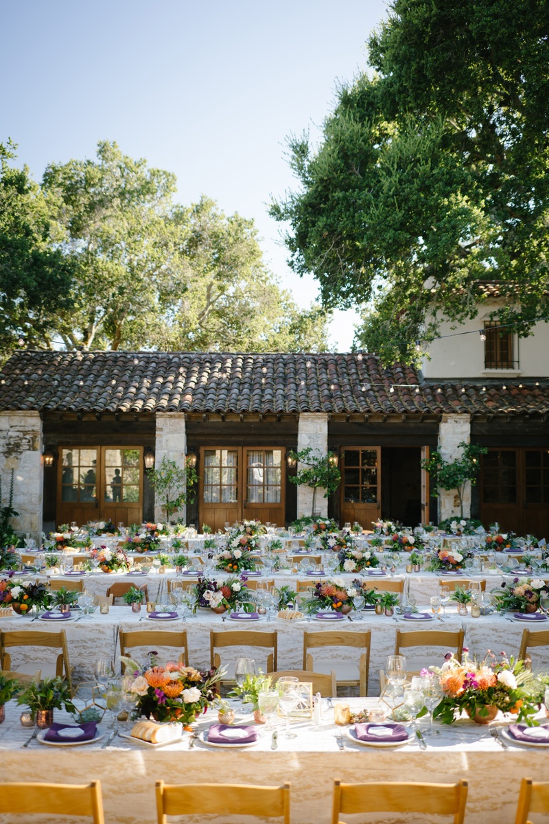 Reception in Ranch Courtyard
Photography: Karlisch Photography
Read More:
http://www.insideweddings.com/weddings/modern-rustic-wedding-full-of-flowers-and-geometric-details/906/ holman ranch wedding rustic courtyard with purple, green, orange