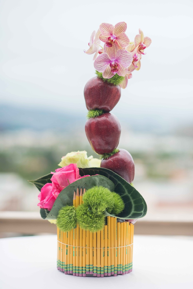Orchid, Red Apple Centerpiece
Photography: John %26 Joseph Photography Inc.
Read More:
http://www.insideweddings.com/weddings/a-school-themed-bridal-shower-in-beverly-hills-for-a-teacher/890/ Teacher school theme bridal shower pencil vase with pink roses green moss red apples pink orchids