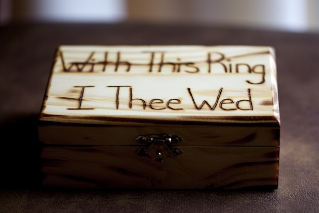 Rustic Jewelry Box
Photography: D. Park Photography
Read More:
http://www.insideweddings.com/weddings/rustic-spring-wedding-in-southern-california/454/ Wood jewelry box carved "With This Ring, I Thee Wed"