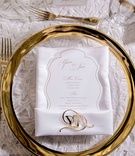 Gold Charger Plate %26 Flatware
Photography: Milanés Photography
Read More:
http://www.insideweddings.com/weddings/glamorous-white-gold-wedding-at-a-private-estate-in-georgia/1060/ Gold charger plate with white menu and invitation with gold monogram accessory gold flatware white
