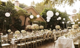 Alfresco Reception Space
Photography: Chrisman Studios
Read More:
http://www.insideweddings.com/weddings/gorgeous-alfresco-garden-wedding-in-bel-air-california/436/ Paper lanterns suspended over long guest tables