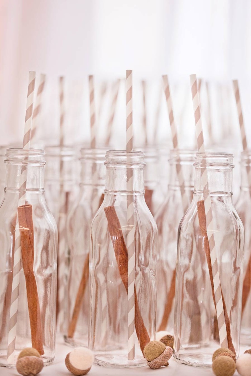 Apple Cider Bottles
Photography: Jana Williams Photography
Read More:
http://www.insideweddings.com/weddings/ivory-gold-blush-lakefront-new-hampshire-wedding/412/ Glass milk bottles with striped straws and felt acorns