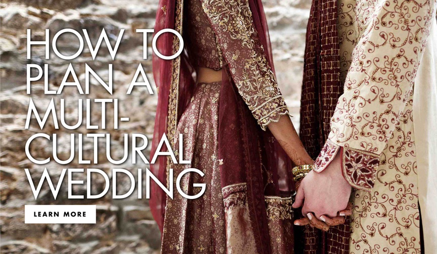 cropped photo of south asian bride in burgundy and red sari, caucasian groom in matching attire