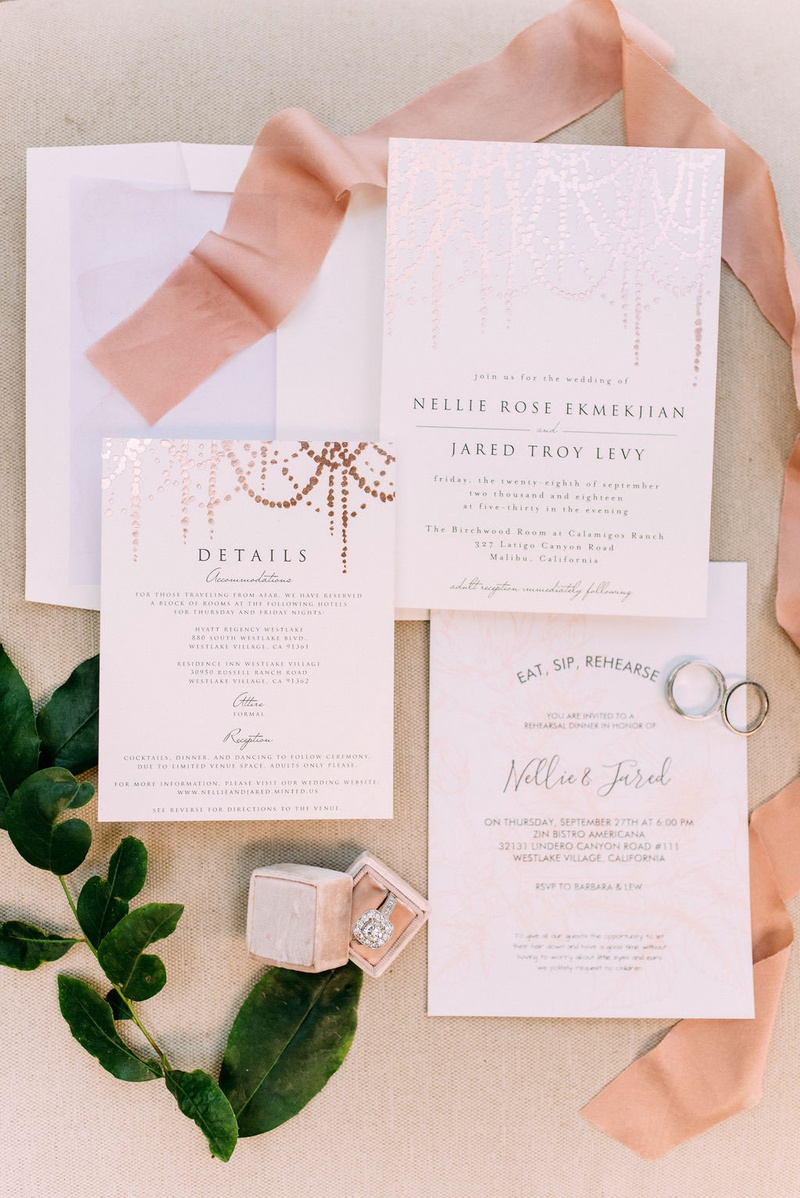 Rose Gold Foil Wedding Invitation
Photography: Ashley Paige Photography
Read More:
http://www.insideweddings.com/weddings/elegant-outdoor-fall-wedding-at-a-rustic-chic-venue-in-malibu/1244/ Minted wedding invitation with rose gold details foil elements pink ribbon mrs box