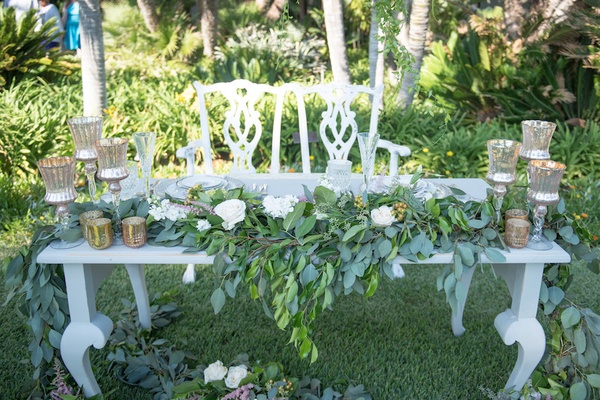 Vintage Sweetheart Table And Chairs Mercury Glass Candleholders Greenery White Roses In Reception Vintage Sweetheart Table And Chairs Mercury Glass Candleholders Greenery White Roses In Reception