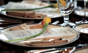 Sheer Wedding Reception Menu
Photography: Christofer Jae Photography
Read More:
http://www.insideweddings.com/weddings/classic-city-wedding-in-san-francisco-california/154/ Vellum wedding menu with calla lily on top