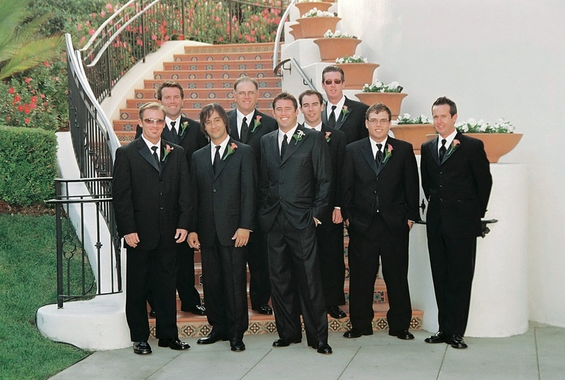 Photography: Nino Rakichevich Photography
Read More:
http://www.insideweddings.com/weddings/wedding-with-cinderella-theme-in-santa-barbara-california/61/ Groomsmen in tuxedos at Bacara steps