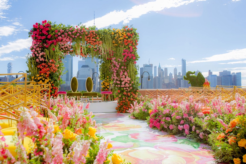 Multicolored NYC-View Wedding
Photography: Clane Gessel Photography
Read More:
http://www.insideweddings.com/weddings/colorful-city-view-wedding-featuring-indian-and-japanese-traditions/1353/ indian japanese wedding ceremony pink yellow orange flowers flower print aisle runner new york city