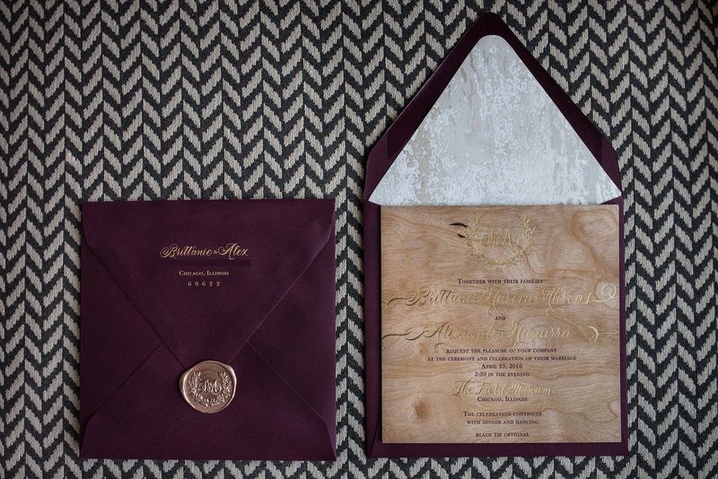 Wood Grain Invite with Wax Seal
Photography: Kent Drake Photography
Read More:
http://www.insideweddings.com/weddings/an-event-planners-wedding-at-a-museum-by-sue-the-tyrannosaurus-rex/955/ burgundy oxblood wedding invitation envelope with gold seal and wood grain gold calligraphy invite