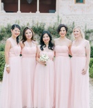 Light Pink %26 Long Bridesmaid Dresses
Photography: Maitha Lunde
Read More:
http://www.insideweddings.com/weddings/beautiful-alfresco-destination-wedding-in-the-south-of-france/1039/ Bridesmaids in light pink long dresses illusion necklines maid of honor holding bouquet