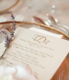 Lavender Place Setting
Photography: John Solano Photography
Read More:
http://www.insideweddings.com/weddings/summer-sunflower-ceremony-garden-inspired-reception/396/ Gold-rimmed charger plate with menu and herb sprig