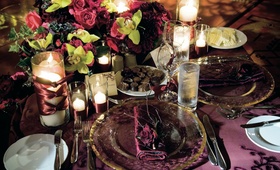 Jewel Tone Tablescape
Photography: John Solano Photography
Read More:
http://www.insideweddings.com/weddings/summertime-wedding-with-deep-red-hues-in-ojai-valley-california/240/ Purple tablecloths with pink and green flowers