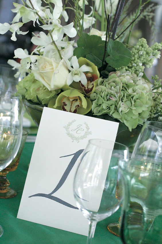 Table Number and Centerpiece
Photography: Sherman Chu Photographer
Read More:
http://www.insideweddings.com/weddings/elegant-garden-style-vineyard-wedding-in-sonoma-california/205/ Wedding reception table with hand drawn number and bouquet of green and white flowers