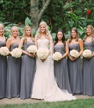 Grey Bridesmaid Dresses
Photography: Amanda Sudimack for Artisan Events
Read More:
http://www.insideweddings.com/weddings/a-fairy-tale-wedding-fit-for-former-miss-illinois/569/ Bride with six bridesmaids in grey strapless floor length dresses