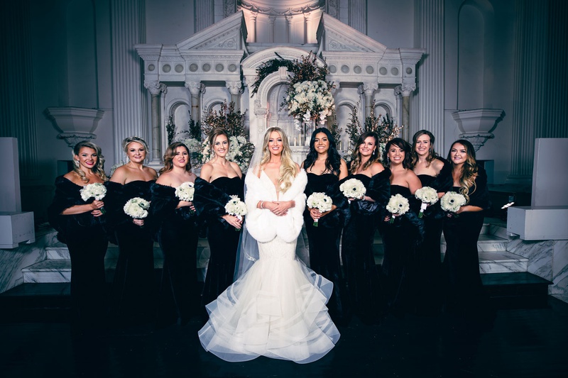 Couple with Family
Photography: Jimmy Bui Photography
Read More:
http://www.insideweddings.com/weddings/elegant-edgy-wedding-inspired-by-disney-at-vibiana-in-downtown-la/1229/ bride in mermaid wedding dress with fur wrap bridesmaids in black velvet dresses with fur wraps