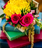 Yellow Mum with Roses and Colorful Books
Photography: Visuals by Arpit
Read More:
http://www.insideweddings.com/weddings/a-styled-shoot-with-vibrant-florals-inspired-by-alice-in-wonderland/903/ yellow mum, small magenta roses, stack of colorful books