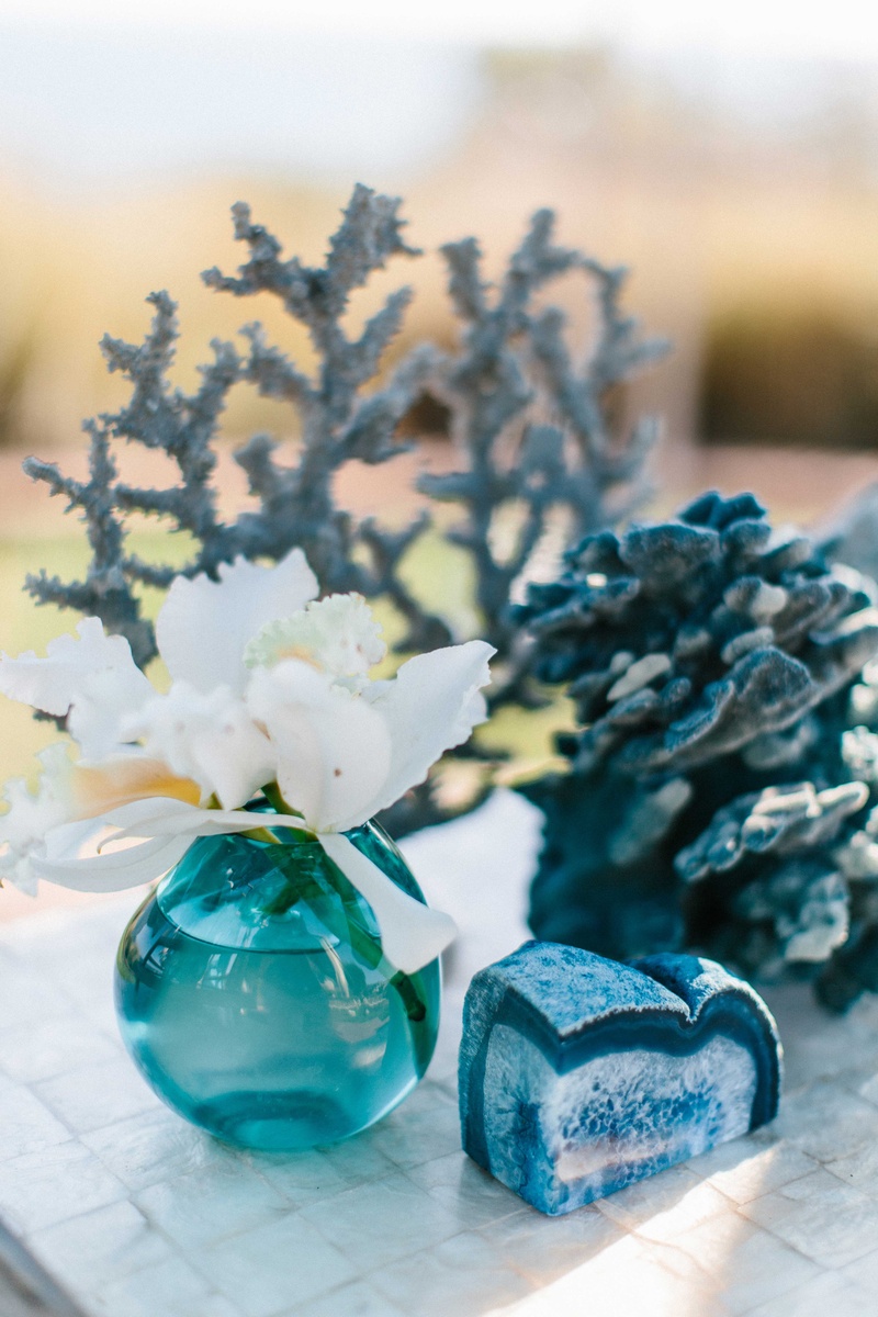 Agate %26 Coral Décor at Altar
Photography: Braedon Photography
Read More:
http://www.insideweddings.com/weddings/orthodox-jewish-wedding-with-outdoor-ceremony-inspired-by-the-sea/812/ White orchid in turquoise bud vase, blue agate slice, blue coral on seashell table at wedding
